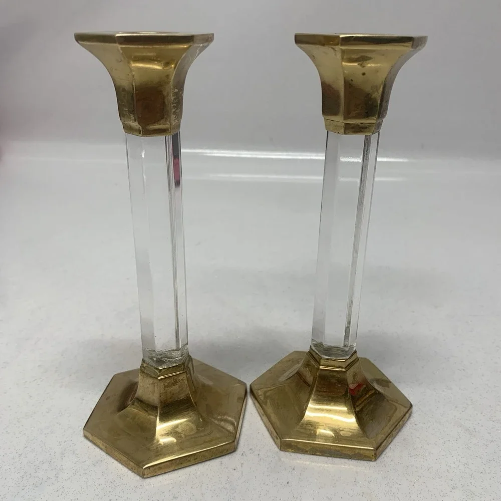 Vintage Party Lite Brass Lucite Candlestick Holders Pair 7" Romantic READ - Picture 6 of 16
